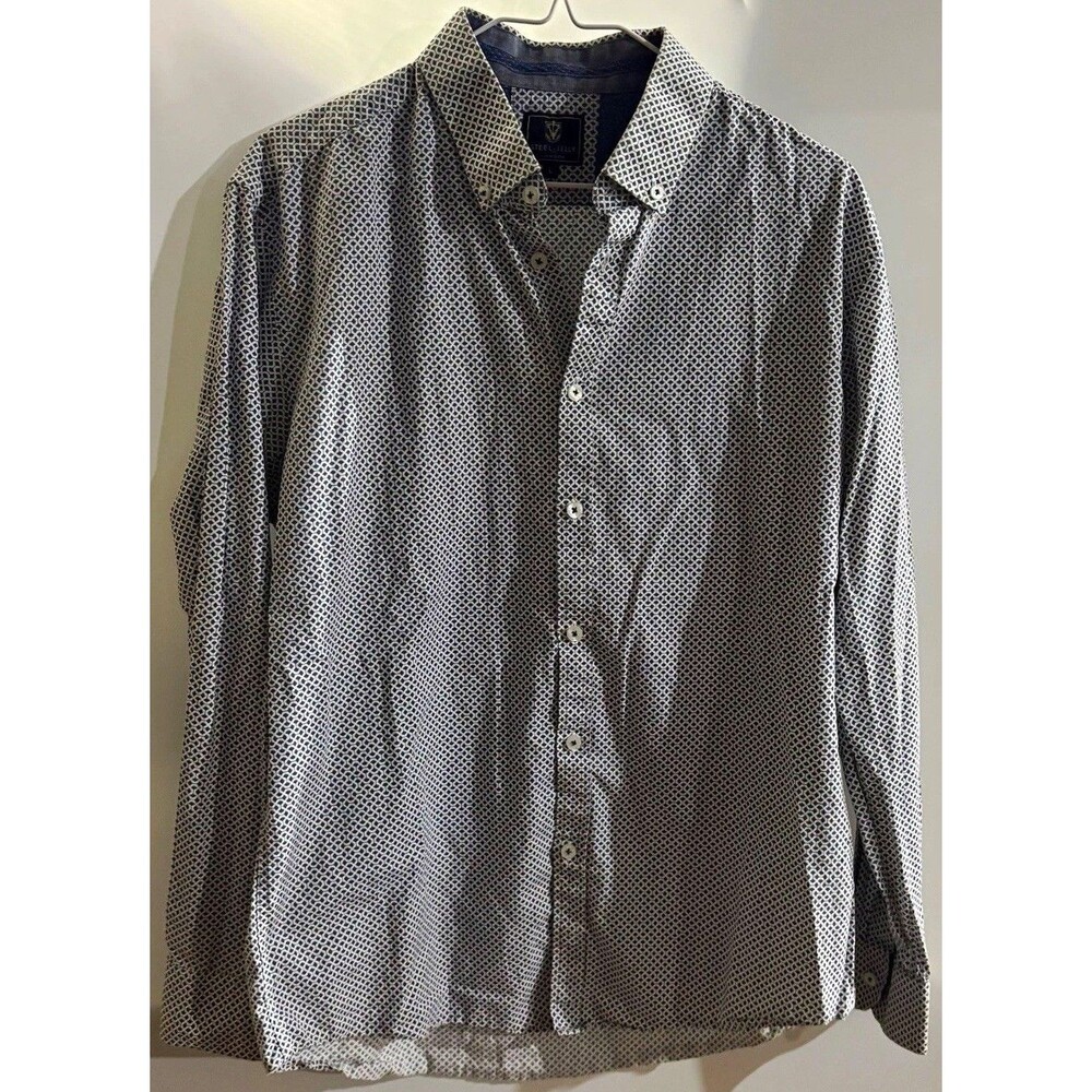 Steel & Jelly Men's L Blue/White Geometric Long Sleeve Button-Down Cotton Shirt